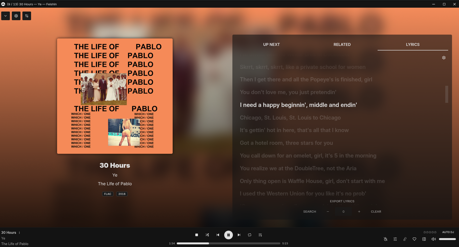 Feishin desktop client connected to Navidrome